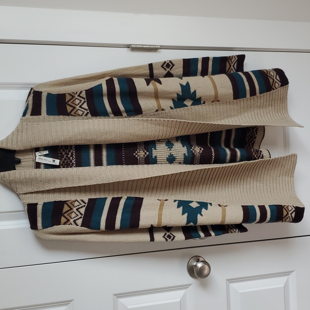 Pink Owl Beige and Teal Patterned Cardigan